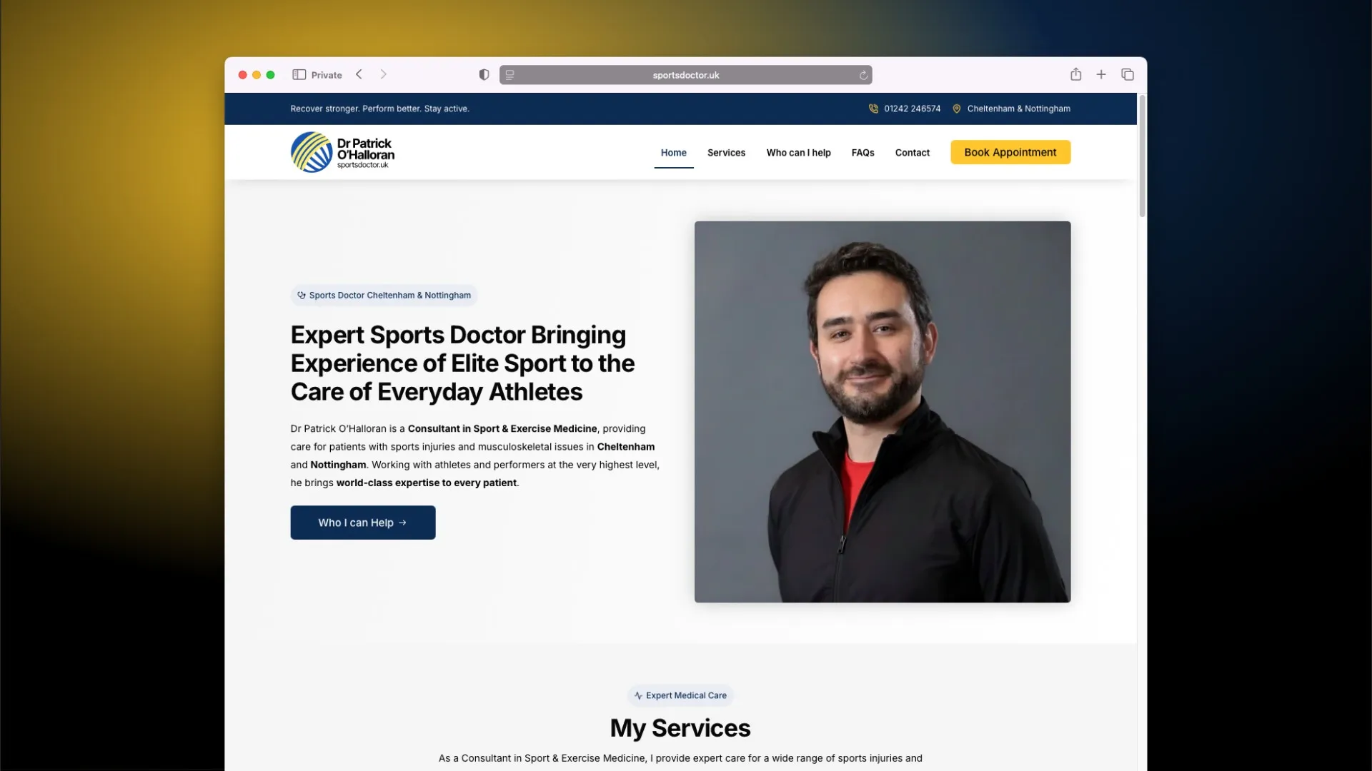 The new Sports Doctor website homepage shown in a browser window