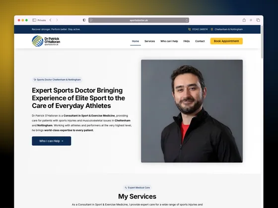 The new Sports Doctor website homepage shown in a browser window